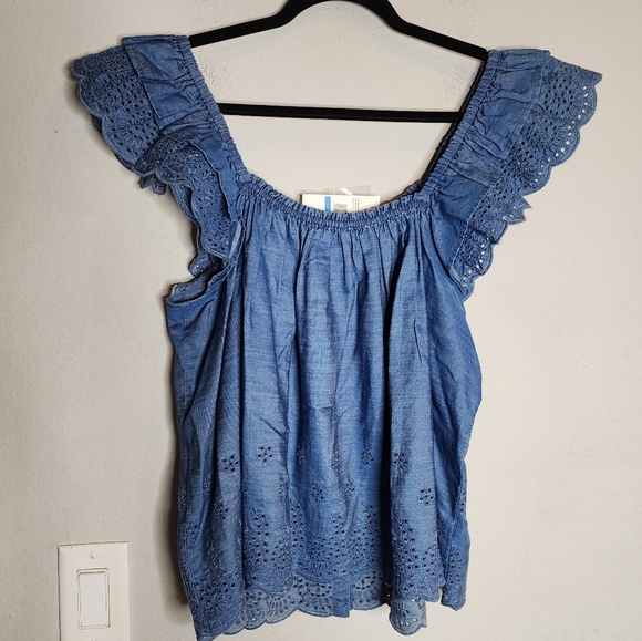 NWT Jessica Simpson Stretch Chambray Eyelet Ruffle Sleeve Violetta Top Size XL - Picture 6 of 16